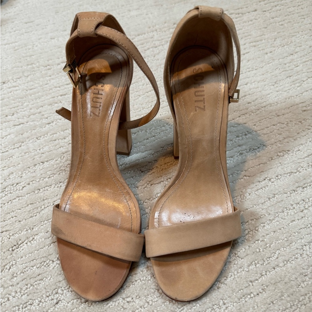 SCHUTZ Tan Ankle Strap Block Heels